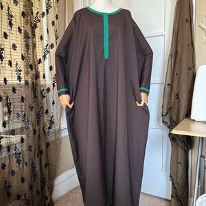 Dark brown abaya with Green Accents